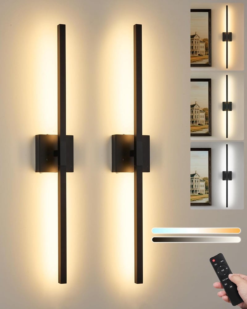 Rayogale 8000mAh Battery Operated Wall Sconce with Remote Control, 3000K-6000K Dimmable Black Wireless Rechargeable Wall Sconces Set of Two with Timer Function for Living Room, Bedroom, Stairwell, TV 24 Inch - Image 1